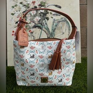 Dooney & Bourke White Shoulder Bag with Tan Trim and Multicolor Print